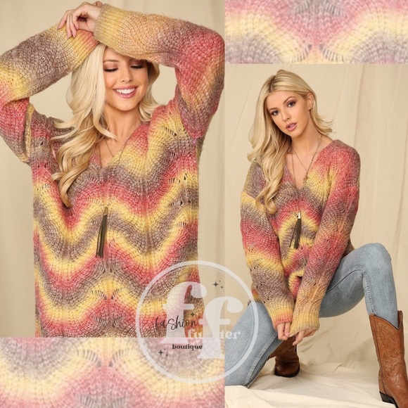 Gigio Autumn Sunset Fall Foliage Wavy Ombre Stripe Open Knit Pastel Sweater - Picture 1 of 6